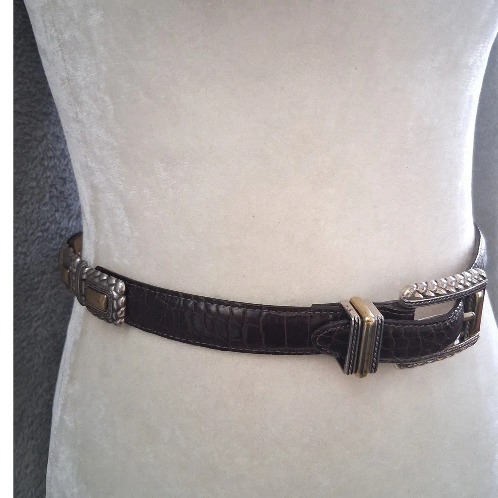 Brighton Belt Womens Sm Brown Croco Leather Mixed Metal Western Boho 44209